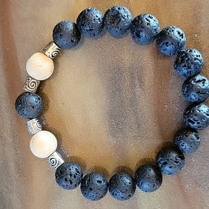 Lava/Volcanic stone beads with Petrified Wood Jasper beads
